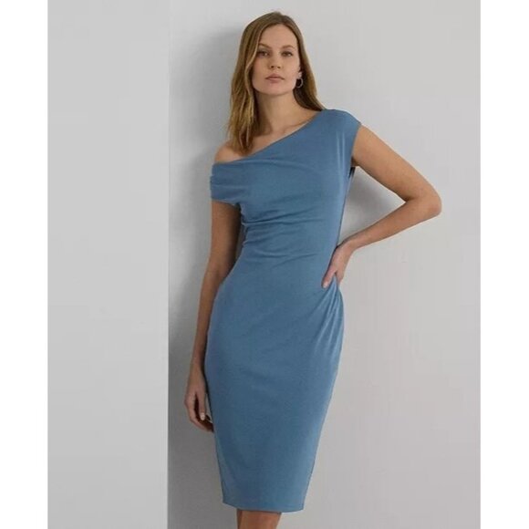 135$ Ralph Lauren Cutout Jersey Off The Shoulder Bodycon Dress Size 10 Blue - Picture 1 of 4
